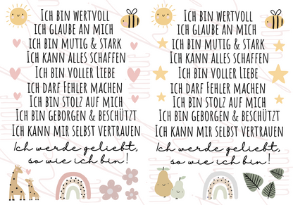 Rub On Aufkleber Affirmationen zweimal A6 & A5 Warum du unsere Rub-Ons lieben wirst:  ✔ Randloser Premium-Look   ✔ Besondere Haptik   ✔ Präzise Platzierung dank transparenter Trägerfolie  ✔ Wasser- und kratzfest // Hitze- und UV-beständig   ✔ Starke Haftung auf Glas, Keramik, Holz, Raysin u.v.m.  ✔ Langlebig und hochwertig verarbeitet  ✔ Auch gewerblich nutzbar – keine zusätzliche Lizenz nötig