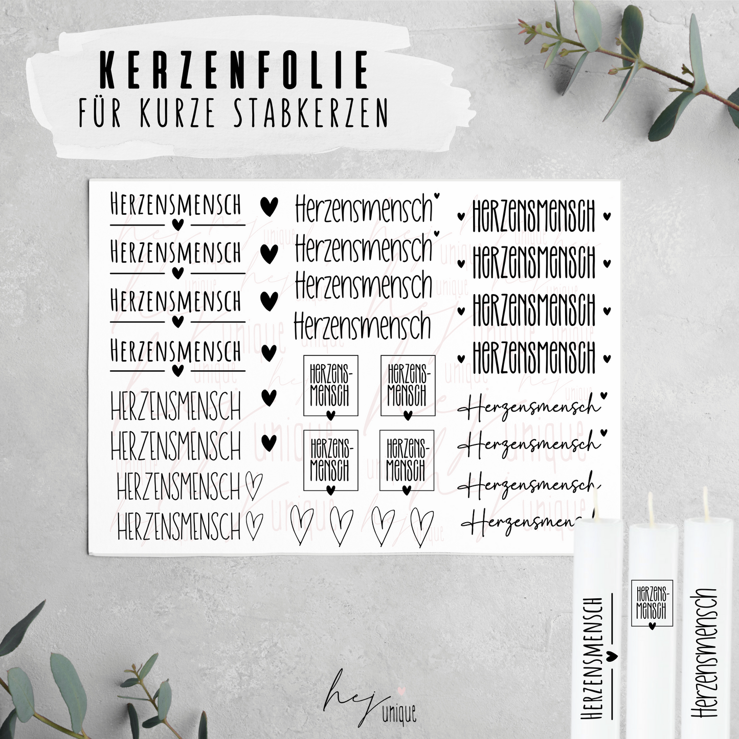 Kerzenfolie Herzensmensch kurze Kerzen Warum du unsere Kerzenfolie lieben wirst:  ✔ Edle Premium-Folie mit hochwertiger Optik  ✔ Speziell für Kerzen entwickelt   ✔ Aktivierung des Klebers ganz einfach mit Wasser   ✔ Wischfest und langlebig bei sorgfältiger Verarbeitung  ✔ Besonders elastisch – passt sich Kerzenoberfläche optimal an  ✔ Gewerblich nutzbar – keine zusätzliche Lizenz nötig