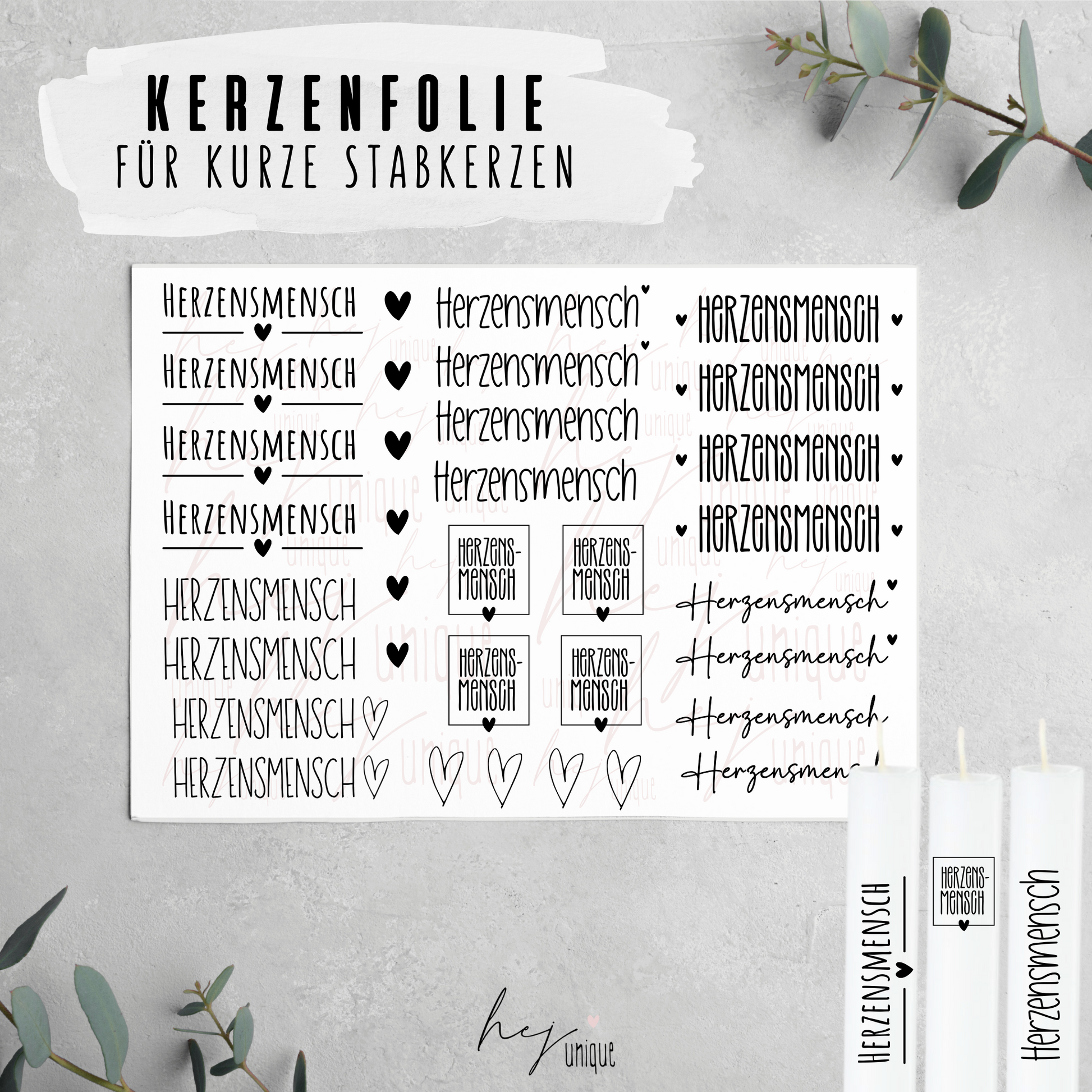 Kerzenfolie Herzensmensch kurze Kerzen Warum du unsere Kerzenfolie lieben wirst:  ✔ Edle Premium-Folie mit hochwertiger Optik  ✔ Speziell für Kerzen entwickelt   ✔ Aktivierung des Klebers ganz einfach mit Wasser   ✔ Wischfest und langlebig bei sorgfältiger Verarbeitung  ✔ Besonders elastisch – passt sich Kerzenoberfläche optimal an  ✔ Gewerblich nutzbar – keine zusätzliche Lizenz nötig