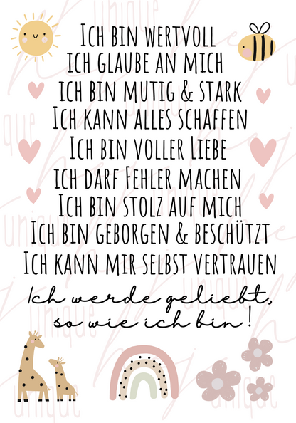 Rub On Aufkleber Affirmationen rosa A5 Warum du unsere Rub-Ons lieben wirst:  ✔ Randloser Premium-Look   ✔ Besondere Haptik   ✔ Präzise Platzierung dank transparenter Trägerfolie  ✔ Wasser- und kratzfest // Hitze- und UV-beständig   ✔ Starke Haftung auf Glas, Keramik, Holz, Raysin u.v.m.  ✔ Langlebig und hochwertig verarbeitet  ✔ Auch gewerblich nutzbar – keine zusätzliche Lizenz nötig