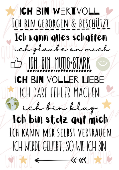 Rub On Aufkleber Affirmationen A5 Warum du unsere Rub-Ons lieben wirst:  ✔ Randloser Premium-Look   ✔ Besondere Haptik   ✔ Präzise Platzierung dank transparenter Trägerfolie  ✔ Wasser- und kratzfest // Hitze- und UV-beständig   ✔ Starke Haftung auf Glas, Keramik, Holz, Raysin u.v.m.  ✔ Langlebig und hochwertig verarbeitet  ✔ Auch gewerblich nutzbar – keine zusätzliche Lizenz nötig