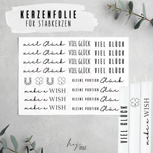 Kerzenfolie viel Glück für Kerzen Warum du unsere Kerzenfolie lieben wirst:  ✔ Edle Premium-Folie mit hochwertiger Optik  ✔ Speziell für Kerzen entwickelt   ✔ Aktivierung des Klebers ganz einfach mit Wasser   ✔ Wischfest und langlebig bei sorgfältiger Verarbeitung  ✔ Besonders elastisch – passt sich Kerzenoberfläche optimal an  ✔ Gewerblich nutzbar – keine zusätzliche Lizenz nötig