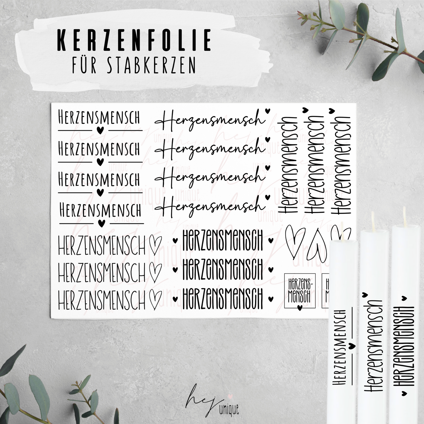 Kerzenfolie Herzensmensch Premium DIY Warum du unsere Kerzenfolie lieben wirst:  ✔ Edle Premium-Folie mit hochwertiger Optik  ✔ Speziell für Kerzen entwickelt   ✔ Aktivierung des Klebers ganz einfach mit Wasser   ✔ Wischfest und langlebig bei sorgfältiger Verarbeitung  ✔ Besonders elastisch – passt sich Kerzenoberfläche optimal an  ✔ Gewerblich nutzbar – keine zusätzliche Lizenz nötig