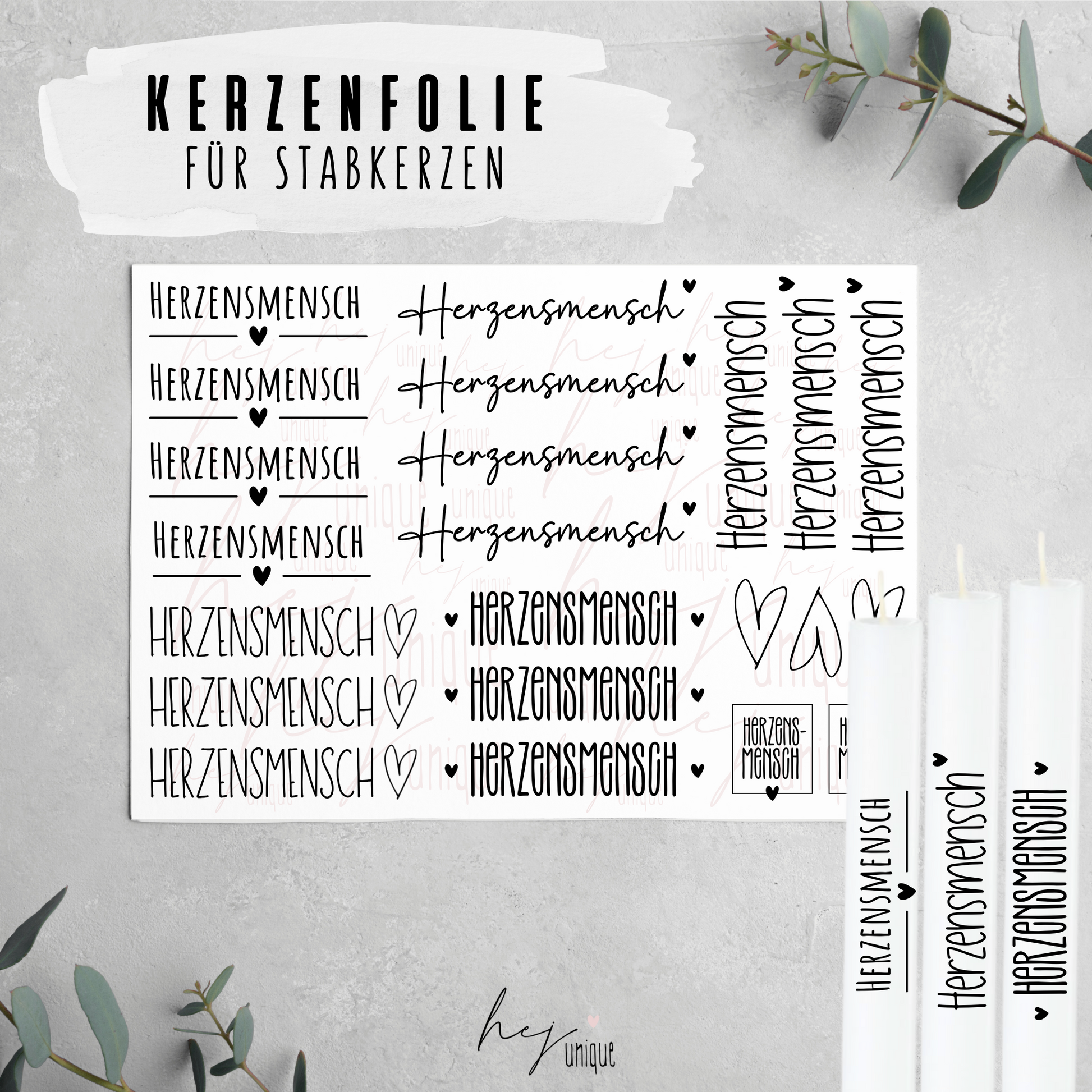 Kerzenfolie Herzensmensch Premium DIY Warum du unsere Kerzenfolie lieben wirst:  ✔ Edle Premium-Folie mit hochwertiger Optik  ✔ Speziell für Kerzen entwickelt   ✔ Aktivierung des Klebers ganz einfach mit Wasser   ✔ Wischfest und langlebig bei sorgfältiger Verarbeitung  ✔ Besonders elastisch – passt sich Kerzenoberfläche optimal an  ✔ Gewerblich nutzbar – keine zusätzliche Lizenz nötig
