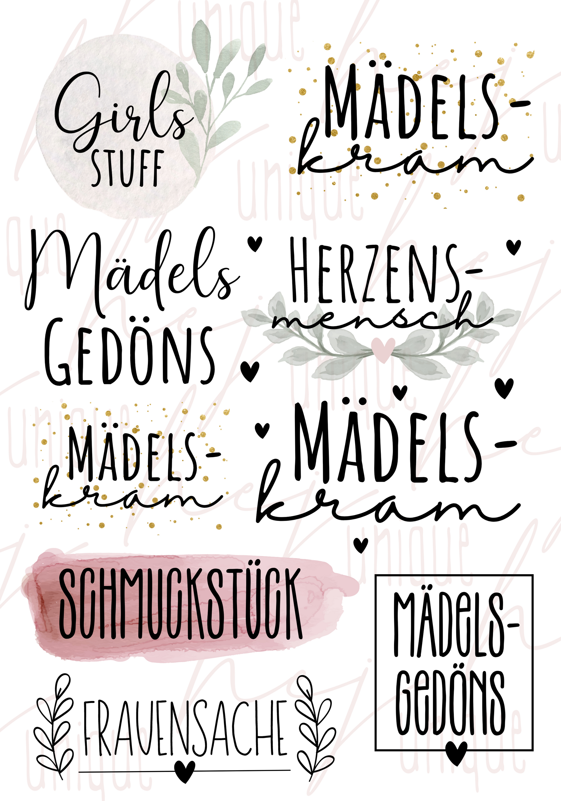 Rub On Aufkleber Mädelskram A5 Warum du unsere Rub-Ons lieben wirst:  ✔ Randloser Premium-Look   ✔ Besondere Haptik   ✔ Präzise Platzierung dank transparenter Trägerfolie  ✔ Wasser- und kratzfest // Hitze- und UV-beständig   ✔ Starke Haftung auf Glas, Keramik, Holz, Raysin u.v.m.  ✔ Langlebig und hochwertig verarbeitet  ✔ Auch gewerblich nutzbar – keine zusätzliche Lizenz nötig