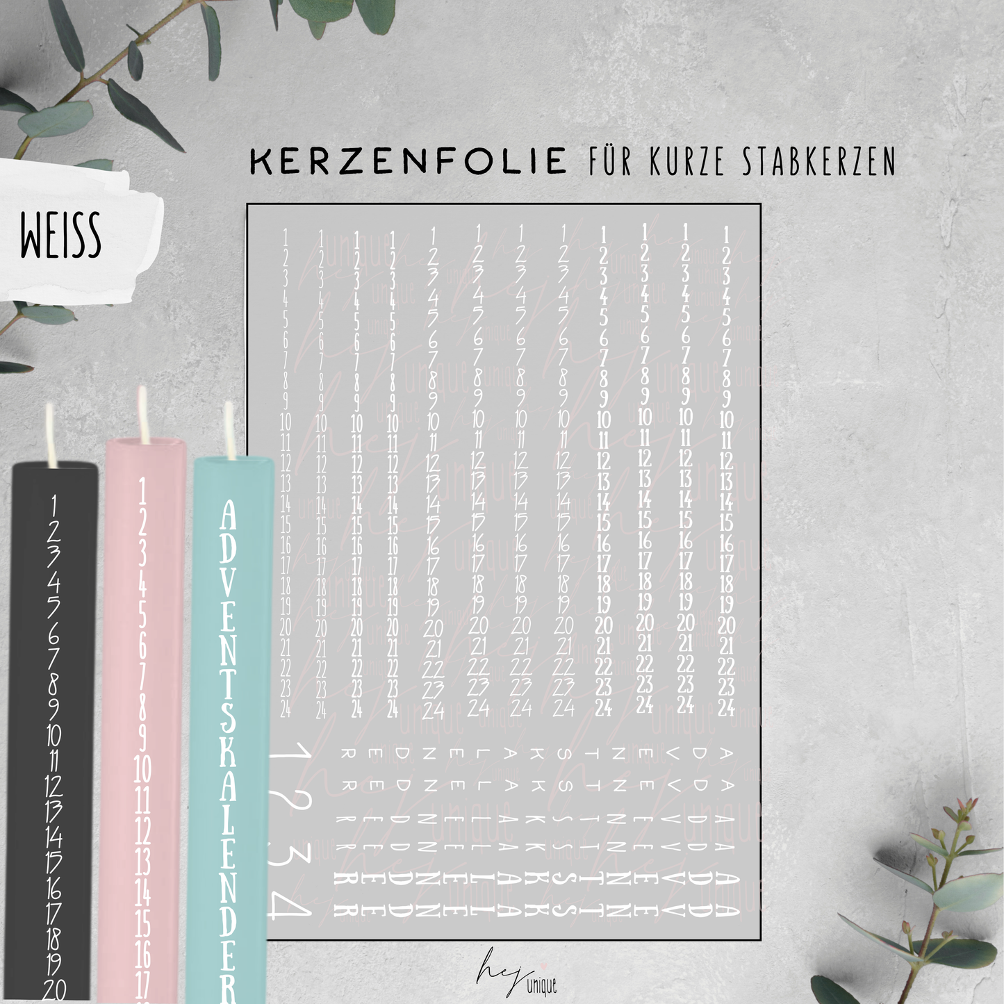 Kerzenfolie Adventskalender Kerze Warum du unsere Kerzenfolie lieben wirst:  ✔ Edle Premium-Folie mit hochwertiger Optik  ✔ Speziell für Kerzen entwickelt   ✔ Aktivierung des Klebers ganz einfach mit Wasser   ✔ Wischfest und langlebig bei sorgfältiger Verarbeitung  ✔ Besonders elastisch – passt sich Kerzenoberfläche optimal an  ✔ Gewerblich nutzbar – keine zusätzliche Lizenz nötig