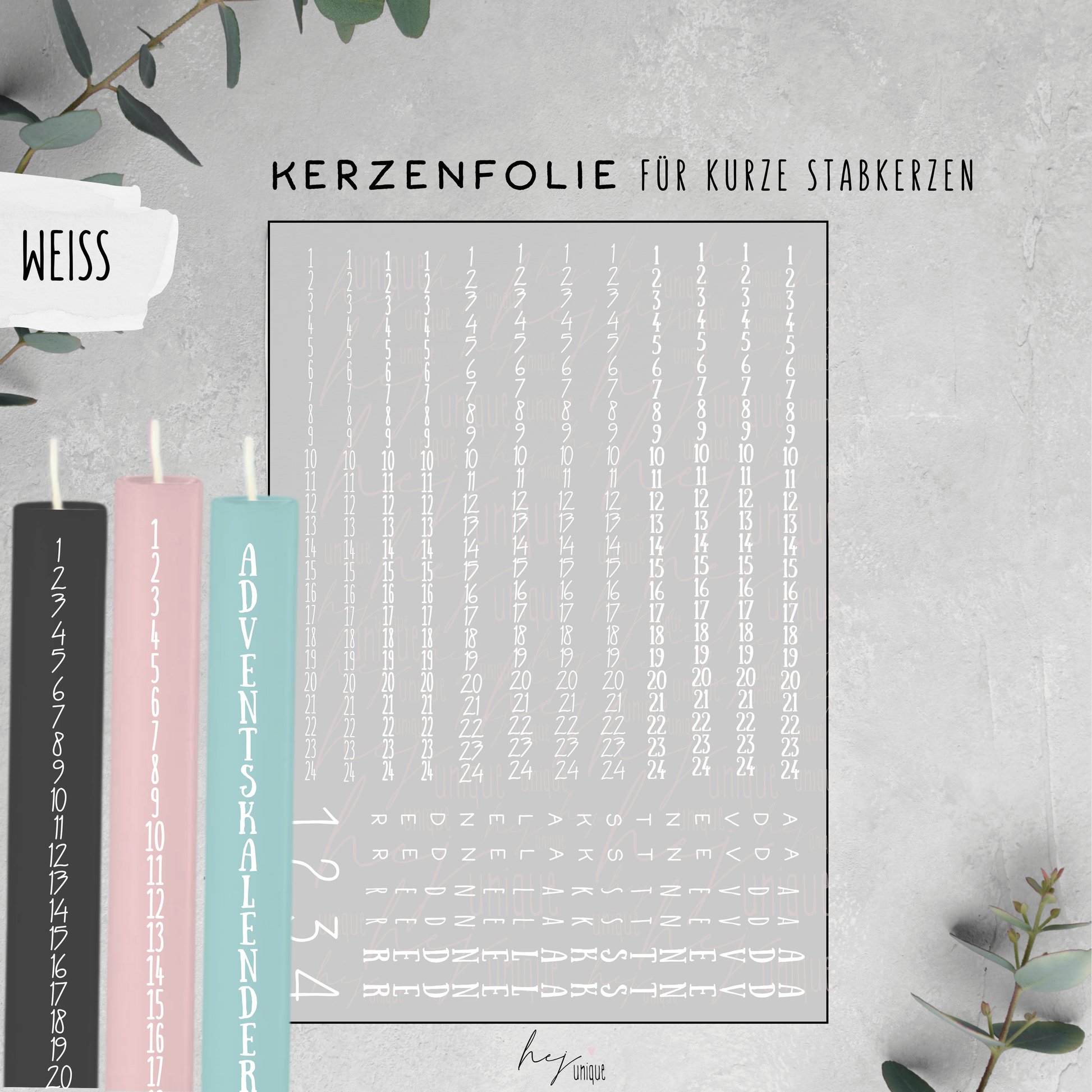Kerzenfolie Adventskalender Kerze Warum du unsere Kerzenfolie lieben wirst:  ✔ Edle Premium-Folie mit hochwertiger Optik  ✔ Speziell für Kerzen entwickelt   ✔ Aktivierung des Klebers ganz einfach mit Wasser   ✔ Wischfest und langlebig bei sorgfältiger Verarbeitung  ✔ Besonders elastisch – passt sich Kerzenoberfläche optimal an  ✔ Gewerblich nutzbar – keine zusätzliche Lizenz nötig