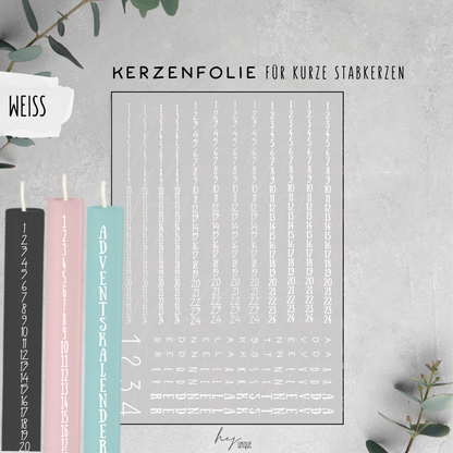 Kerzenfolie Adventskalender Kerze Warum du unsere Kerzenfolie lieben wirst:  ✔ Edle Premium-Folie mit hochwertiger Optik  ✔ Speziell für Kerzen entwickelt   ✔ Aktivierung des Klebers ganz einfach mit Wasser   ✔ Wischfest und langlebig bei sorgfältiger Verarbeitung  ✔ Besonders elastisch – passt sich Kerzenoberfläche optimal an  ✔ Gewerblich nutzbar – keine zusätzliche Lizenz nötig