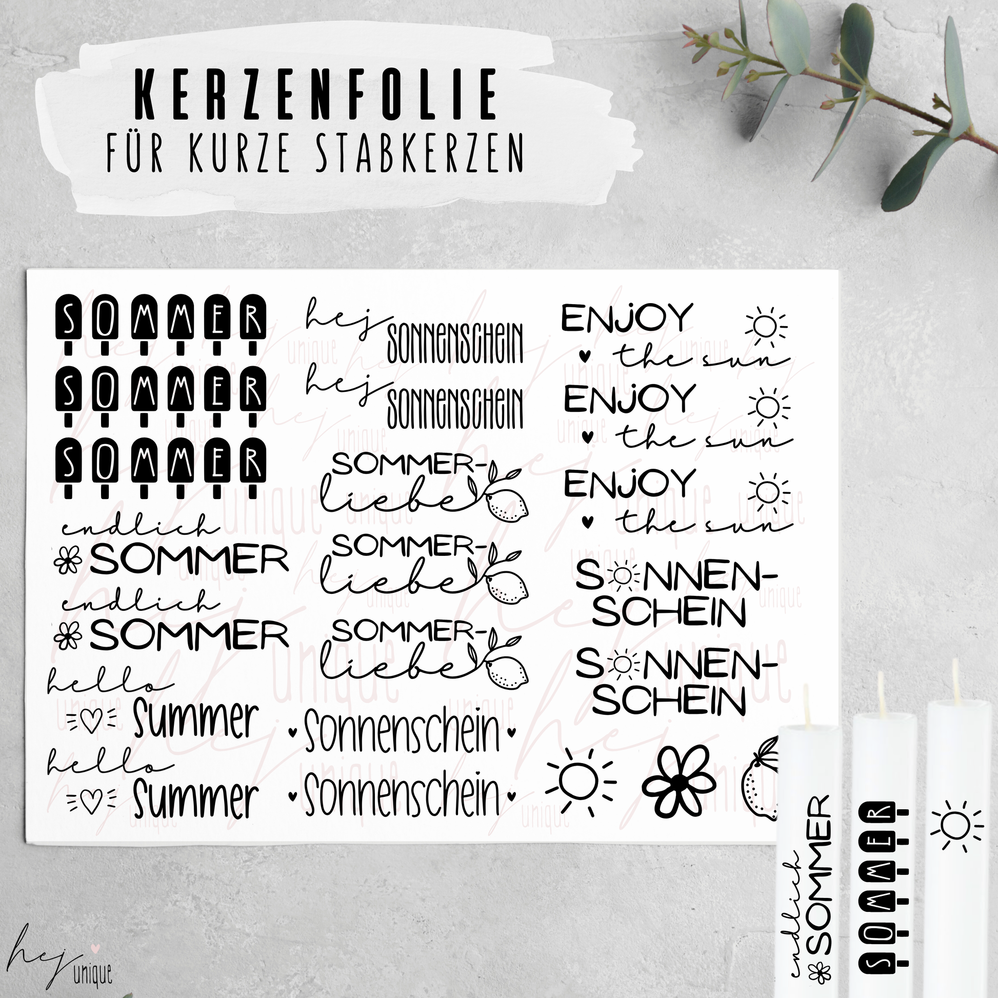Kerzenfolie Sommer kurze Kerzen Warum du unsere Kerzenfolie lieben wirst:  ✔ Edle Premium-Folie mit hochwertiger Optik  ✔ Speziell für Kerzen entwickelt   ✔ Aktivierung des Klebers ganz einfach mit Wasser   ✔ Wischfest und langlebig bei sorgfältiger Verarbeitung  ✔ Besonders elastisch – passt sich Kerzenoberfläche optimal an  ✔ Gewerblich nutzbar – keine zusätzliche Lizenz nötig