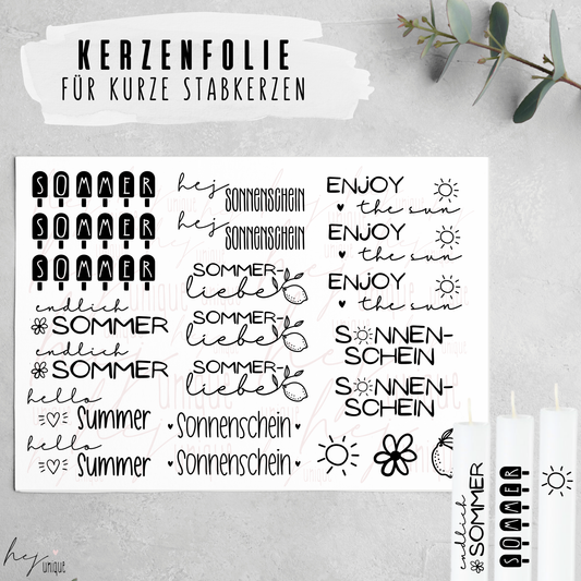 Kerzenfolie Sommer kurze Kerzen Warum du unsere Kerzenfolie lieben wirst:  ✔ Edle Premium-Folie mit hochwertiger Optik  ✔ Speziell für Kerzen entwickelt   ✔ Aktivierung des Klebers ganz einfach mit Wasser   ✔ Wischfest und langlebig bei sorgfältiger Verarbeitung  ✔ Besonders elastisch – passt sich Kerzenoberfläche optimal an  ✔ Gewerblich nutzbar – keine zusätzliche Lizenz nötig