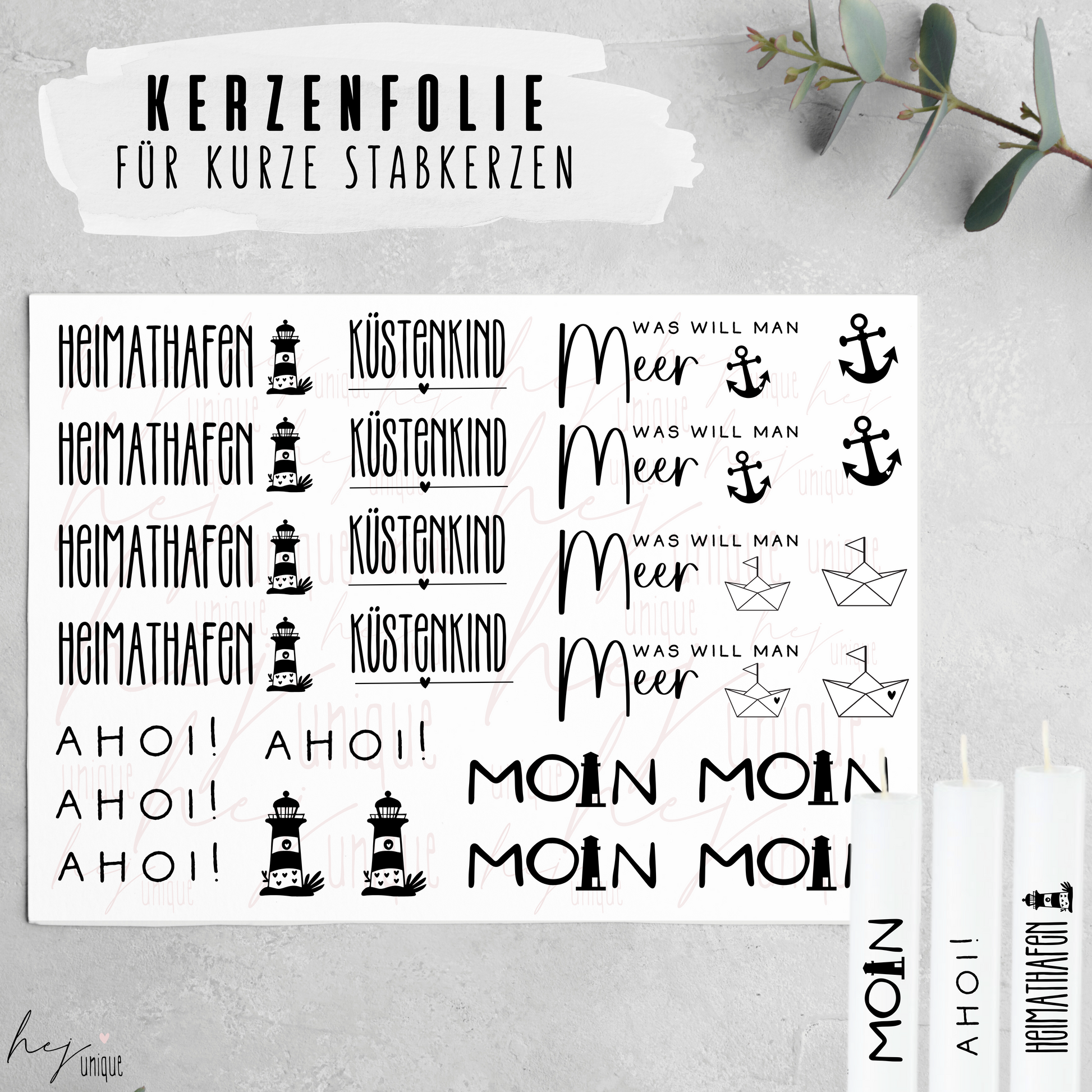Kerzenfolie Heimathafen kurze Kerzen Warum du unsere Kerzenfolie lieben wirst:  ✔ Edle Premium-Folie mit hochwertiger Optik  ✔ Speziell für Kerzen entwickelt   ✔ Aktivierung des Klebers ganz einfach mit Wasser   ✔ Wischfest und langlebig bei sorgfältiger Verarbeitung  ✔ Besonders elastisch – passt sich Kerzenoberfläche optimal an  ✔ Gewerblich nutzbar – keine zusätzliche Lizenz nötig