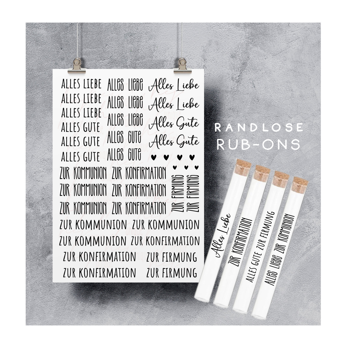 Rub On Aufkleber Schriftzüge Kommunion Konfirmation Firmung Reagenzgläser A5 Warum du unsere Rub-Ons lieben wirst:  ✔ Randloser Premium-Look   ✔ Besondere Haptik   ✔ Präzise Platzierung dank transparenter Trägerfolie  ✔ Wasser- und kratzfest // Hitze- und UV-beständig   ✔ Starke Haftung auf Glas, Keramik, Holz, Raysin u.v.m.  ✔ Langlebig und hochwertig verarbeitet  ✔ Auch gewerblich nutzbar – keine zusätzliche Lizenz nötig
