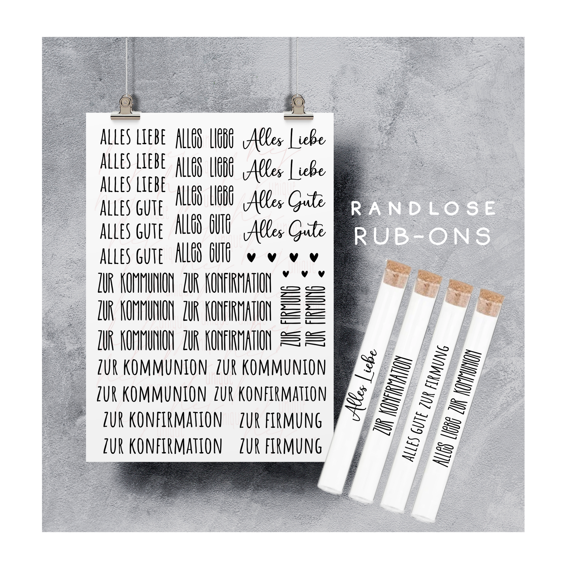 Rub On Aufkleber Schriftzüge Kommunion Konfirmation Firmung Reagenzgläser A5 Warum du unsere Rub-Ons lieben wirst:  ✔ Randloser Premium-Look   ✔ Besondere Haptik   ✔ Präzise Platzierung dank transparenter Trägerfolie  ✔ Wasser- und kratzfest // Hitze- und UV-beständig   ✔ Starke Haftung auf Glas, Keramik, Holz, Raysin u.v.m.  ✔ Langlebig und hochwertig verarbeitet  ✔ Auch gewerblich nutzbar – keine zusätzliche Lizenz nötig