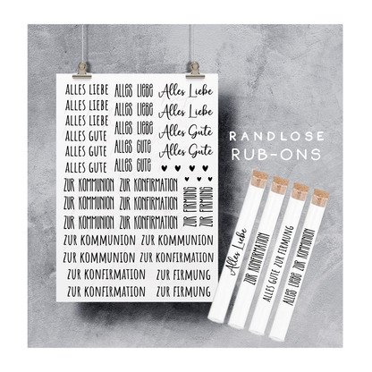 Rub On Aufkleber Schriftzüge Kommunion Konfirmation Firmung Reagenzgläser A5 Warum du unsere Rub-Ons lieben wirst:  ✔ Randloser Premium-Look   ✔ Besondere Haptik   ✔ Präzise Platzierung dank transparenter Trägerfolie  ✔ Wasser- und kratzfest // Hitze- und UV-beständig   ✔ Starke Haftung auf Glas, Keramik, Holz, Raysin u.v.m.  ✔ Langlebig und hochwertig verarbeitet  ✔ Auch gewerblich nutzbar – keine zusätzliche Lizenz nötig