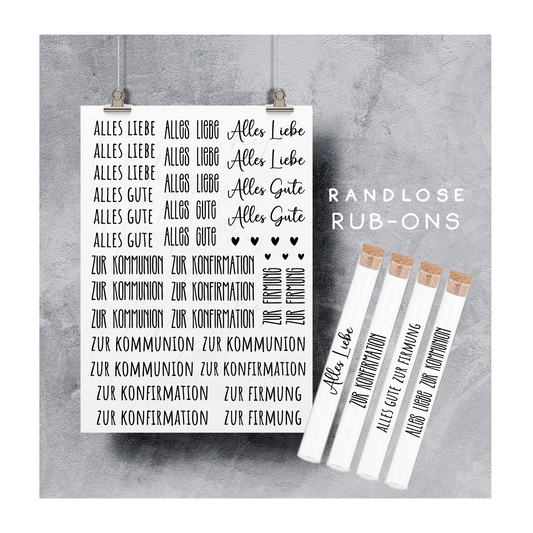 Rub On Aufkleber Schriftzüge Kommunion Konfirmation Firmung Reagenzgläser A5 Warum du unsere Rub-Ons lieben wirst:  ✔ Randloser Premium-Look   ✔ Besondere Haptik   ✔ Präzise Platzierung dank transparenter Trägerfolie  ✔ Wasser- und kratzfest // Hitze- und UV-beständig   ✔ Starke Haftung auf Glas, Keramik, Holz, Raysin u.v.m.  ✔ Langlebig und hochwertig verarbeitet  ✔ Auch gewerblich nutzbar – keine zusätzliche Lizenz nötig
