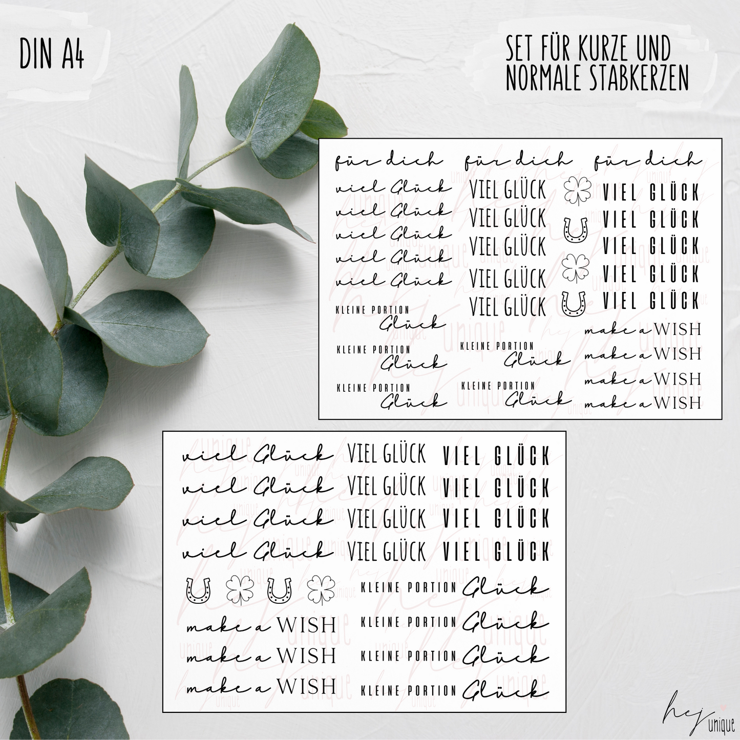 Kerzenfolie viel Glück für Kerzen Warum du unsere Kerzenfolie lieben wirst:  ✔ Edle Premium-Folie mit hochwertiger Optik  ✔ Speziell für Kerzen entwickelt   ✔ Aktivierung des Klebers ganz einfach mit Wasser   ✔ Wischfest und langlebig bei sorgfältiger Verarbeitung  ✔ Besonders elastisch – passt sich Kerzenoberfläche optimal an  ✔ Gewerblich nutzbar – keine zusätzliche Lizenz nötig