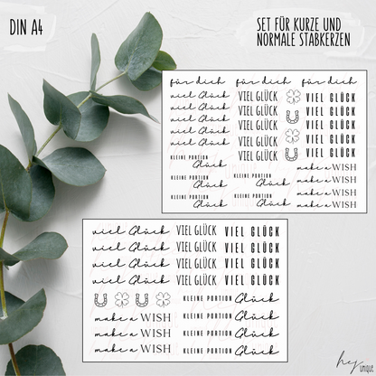 Kerzenfolie viel Glück für Kerzen Warum du unsere Kerzenfolie lieben wirst:  ✔ Edle Premium-Folie mit hochwertiger Optik  ✔ Speziell für Kerzen entwickelt   ✔ Aktivierung des Klebers ganz einfach mit Wasser   ✔ Wischfest und langlebig bei sorgfältiger Verarbeitung  ✔ Besonders elastisch – passt sich Kerzenoberfläche optimal an  ✔ Gewerblich nutzbar – keine zusätzliche Lizenz nötig