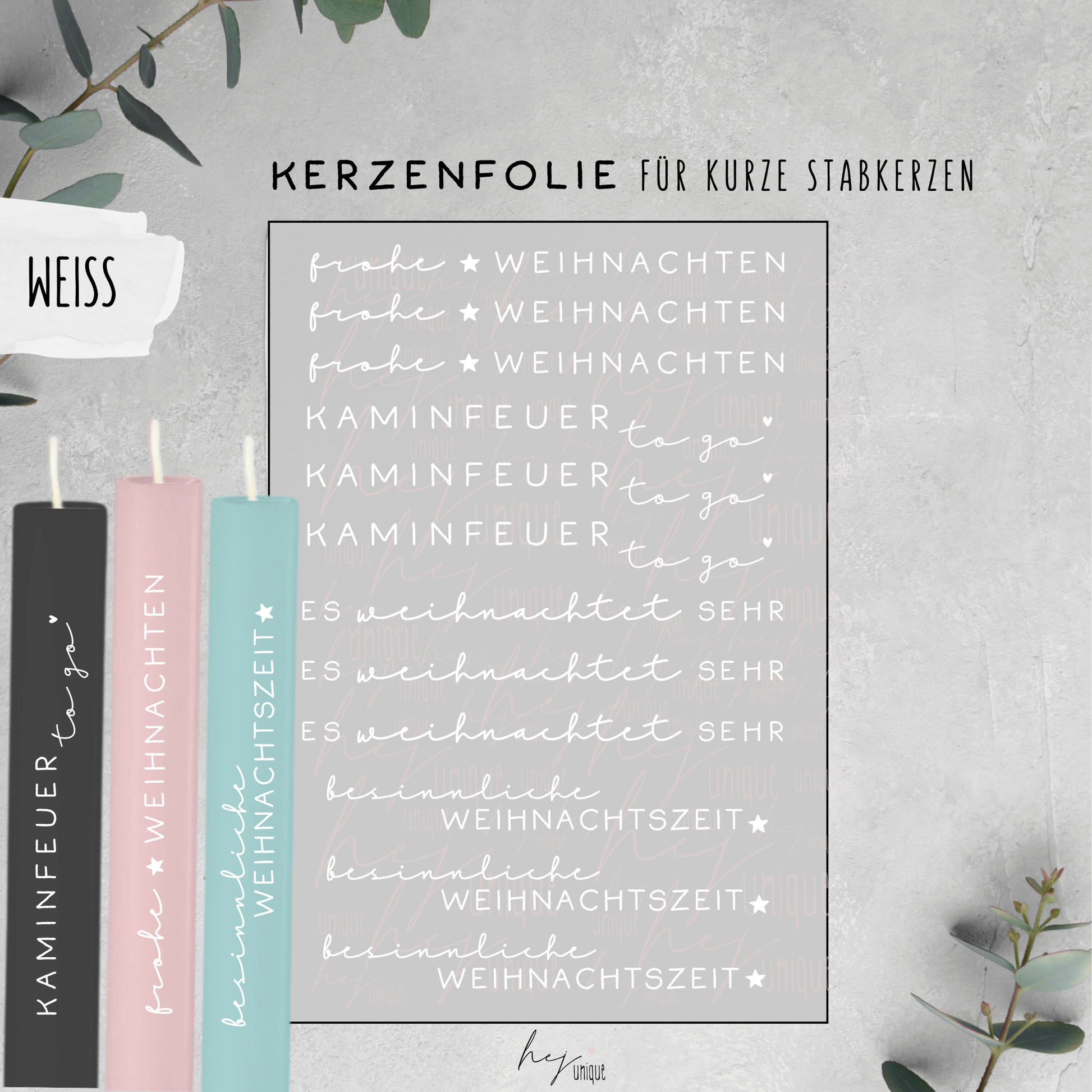 Kerzenfolie Schriftzüge Es weihnachtet sehr normale Stabkerzen Warum du unsere Kerzenfolie lieben wirst:  ✔ Edle Premium-Folie mit hochwertiger Optik  ✔ Speziell für Kerzen entwickelt   ✔ Aktivierung des Klebers ganz einfach mit Wasser   ✔ Wischfest und langlebig bei sorgfältiger Verarbeitung  ✔ Besonders elastisch – passt sich Kerzenoberfläche optimal an  ✔ Gewerblich nutzbar – keine zusätzliche Lizenz nötig