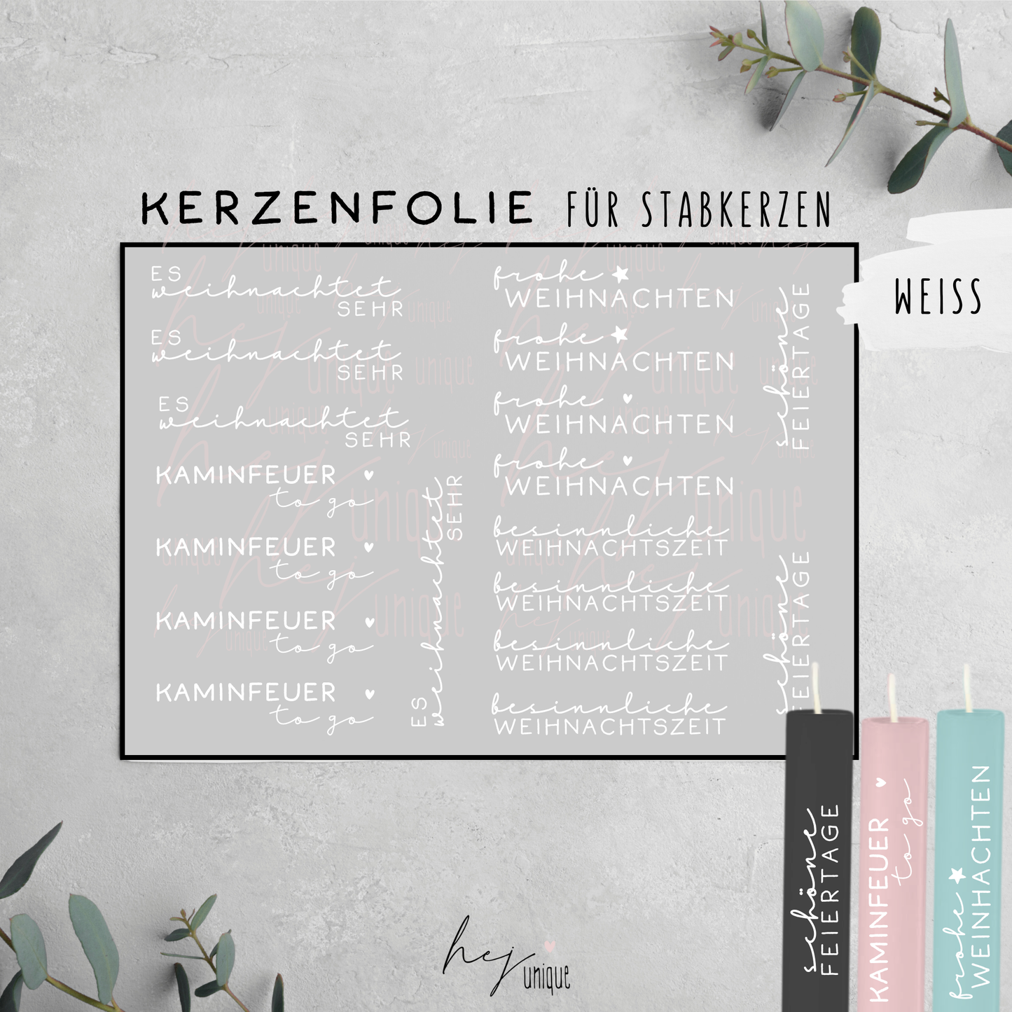 Kerzenfolie Schriftzüge Es weihnachtet sehr kurze Stabkerzen Warum du unsere Kerzenfolie lieben wirst:  ✔ Edle Premium-Folie mit hochwertiger Optik  ✔ Speziell für Kerzen entwickelt   ✔ Aktivierung des Klebers ganz einfach mit Wasser   ✔ Wischfest und langlebig bei sorgfältiger Verarbeitung  ✔ Besonders elastisch – passt sich Kerzenoberfläche optimal an  ✔ Gewerblich nutzbar – keine zusätzliche Lizenz nötig