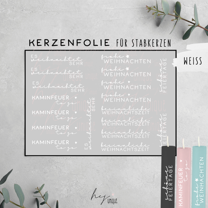Kerzenfolie Schriftzüge Es weihnachtet sehr kurze Stabkerzen Warum du unsere Kerzenfolie lieben wirst:  ✔ Edle Premium-Folie mit hochwertiger Optik  ✔ Speziell für Kerzen entwickelt   ✔ Aktivierung des Klebers ganz einfach mit Wasser   ✔ Wischfest und langlebig bei sorgfältiger Verarbeitung  ✔ Besonders elastisch – passt sich Kerzenoberfläche optimal an  ✔ Gewerblich nutzbar – keine zusätzliche Lizenz nötig