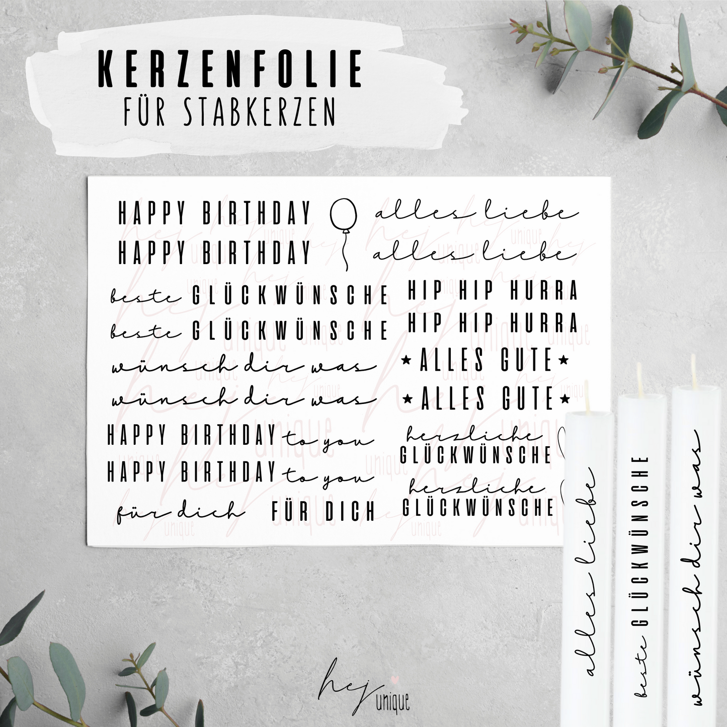 Kerzenfolie Alles Gute zum Geburtstag Warum du unsere Kerzenfolie lieben wirst:  ✔ Edle Premium-Folie mit hochwertiger Optik  ✔ Speziell für Kerzen entwickelt   ✔ Aktivierung des Klebers ganz einfach mit Wasser   ✔ Wischfest und langlebig bei sorgfältiger Verarbeitung  ✔ Besonders elastisch – passt sich Kerzenoberfläche optimal an  ✔ Gewerblich nutzbar – keine zusätzliche Lizenz nötig