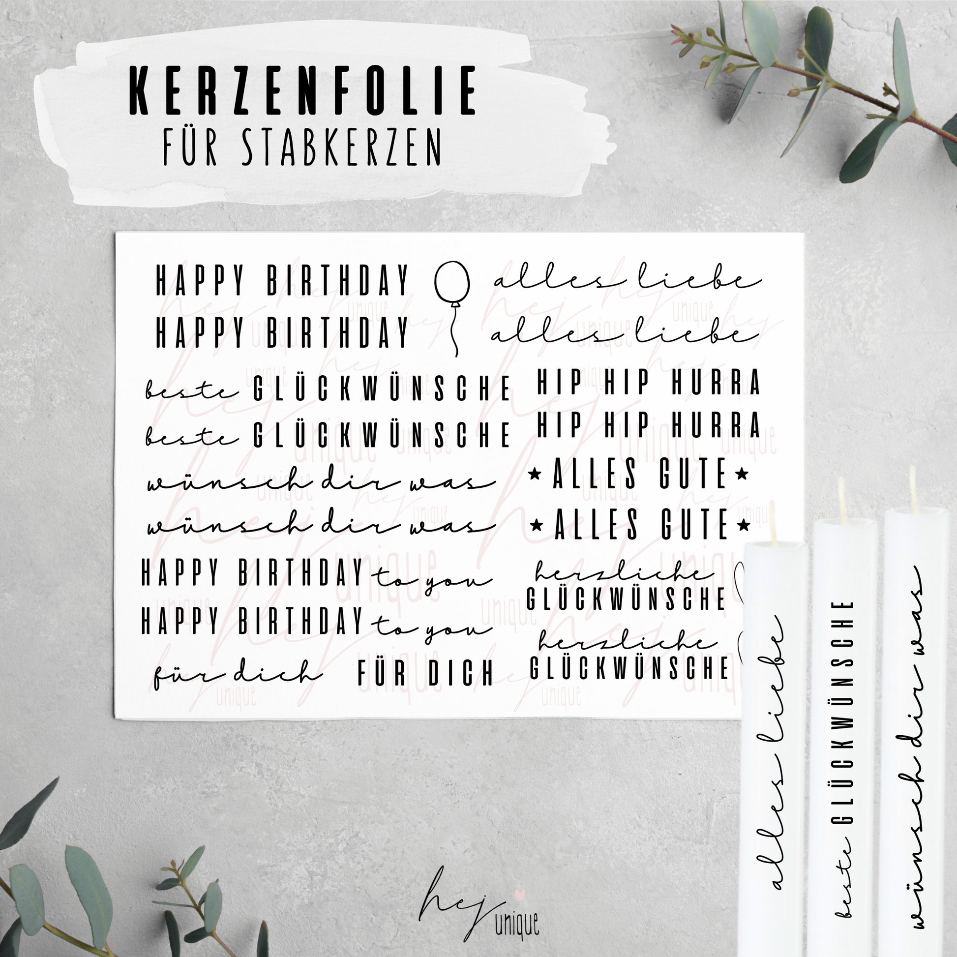 Kerzenfolie Alles Gute zum Geburtstag Warum du unsere Kerzenfolie lieben wirst:  ✔ Edle Premium-Folie mit hochwertiger Optik  ✔ Speziell für Kerzen entwickelt   ✔ Aktivierung des Klebers ganz einfach mit Wasser   ✔ Wischfest und langlebig bei sorgfältiger Verarbeitung  ✔ Besonders elastisch – passt sich Kerzenoberfläche optimal an  ✔ Gewerblich nutzbar – keine zusätzliche Lizenz nötig