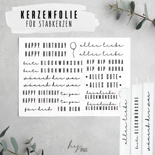 Kerzenfolie Alles Gute zum Geburtstag Warum du unsere Kerzenfolie lieben wirst:  ✔ Edle Premium-Folie mit hochwertiger Optik  ✔ Speziell für Kerzen entwickelt   ✔ Aktivierung des Klebers ganz einfach mit Wasser   ✔ Wischfest und langlebig bei sorgfältiger Verarbeitung  ✔ Besonders elastisch – passt sich Kerzenoberfläche optimal an  ✔ Gewerblich nutzbar – keine zusätzliche Lizenz nötig