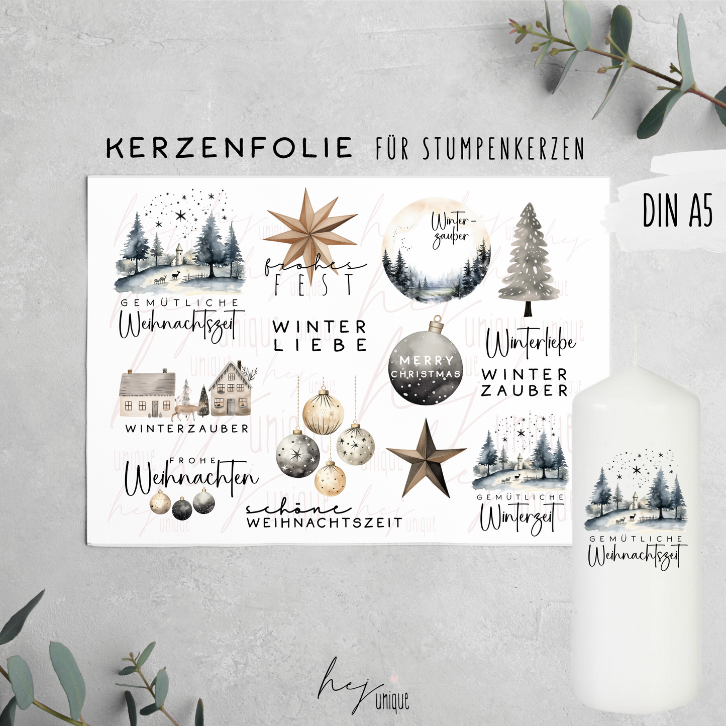 Kerzenfolie Winterzauber Stumpenkerze Warum du unsere Kerzenfolie lieben wirst:  ✔ Edle Premium-Folie mit hochwertiger Optik  ✔ Speziell für Kerzen entwickelt   ✔ Aktivierung des Klebers ganz einfach mit Wasser   ✔ Wischfest und langlebig bei sorgfältiger Verarbeitung  ✔ Besonders elastisch – passt sich Kerzenoberfläche optimal an  ✔ Gewerblich nutzbar – keine zusätzliche Lizenz nötig