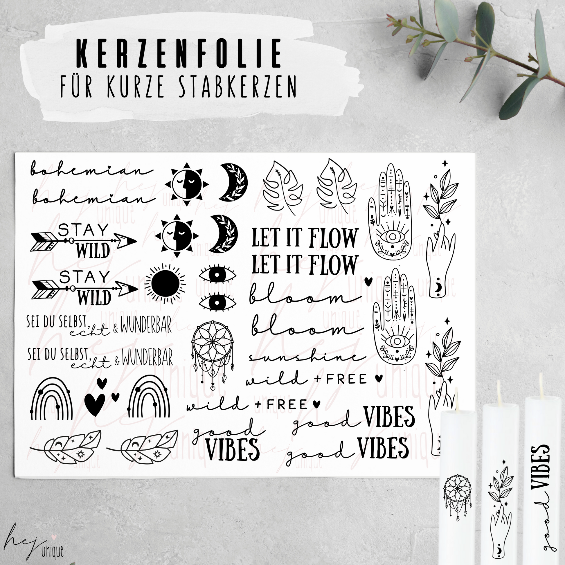 Kerzenfolie Boho für DIY Stumpen Warum du unsere Kerzenfolie lieben wirst:  ✔ Edle Premium-Folie mit hochwertiger Optik  ✔ Speziell für Kerzen entwickelt   ✔ Aktivierung des Klebers ganz einfach mit Wasser   ✔ Wischfest und langlebig bei sorgfältiger Verarbeitung  ✔ Besonders elastisch – passt sich Kerzenoberfläche optimal an  ✔ Gewerblich nutzbar – keine zusätzliche Lizenz nötig