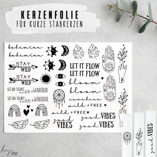 Kerzenfolie Boho für DIY Stumpen Warum du unsere Kerzenfolie lieben wirst:  ✔ Edle Premium-Folie mit hochwertiger Optik  ✔ Speziell für Kerzen entwickelt   ✔ Aktivierung des Klebers ganz einfach mit Wasser   ✔ Wischfest und langlebig bei sorgfältiger Verarbeitung  ✔ Besonders elastisch – passt sich Kerzenoberfläche optimal an  ✔ Gewerblich nutzbar – keine zusätzliche Lizenz nötig