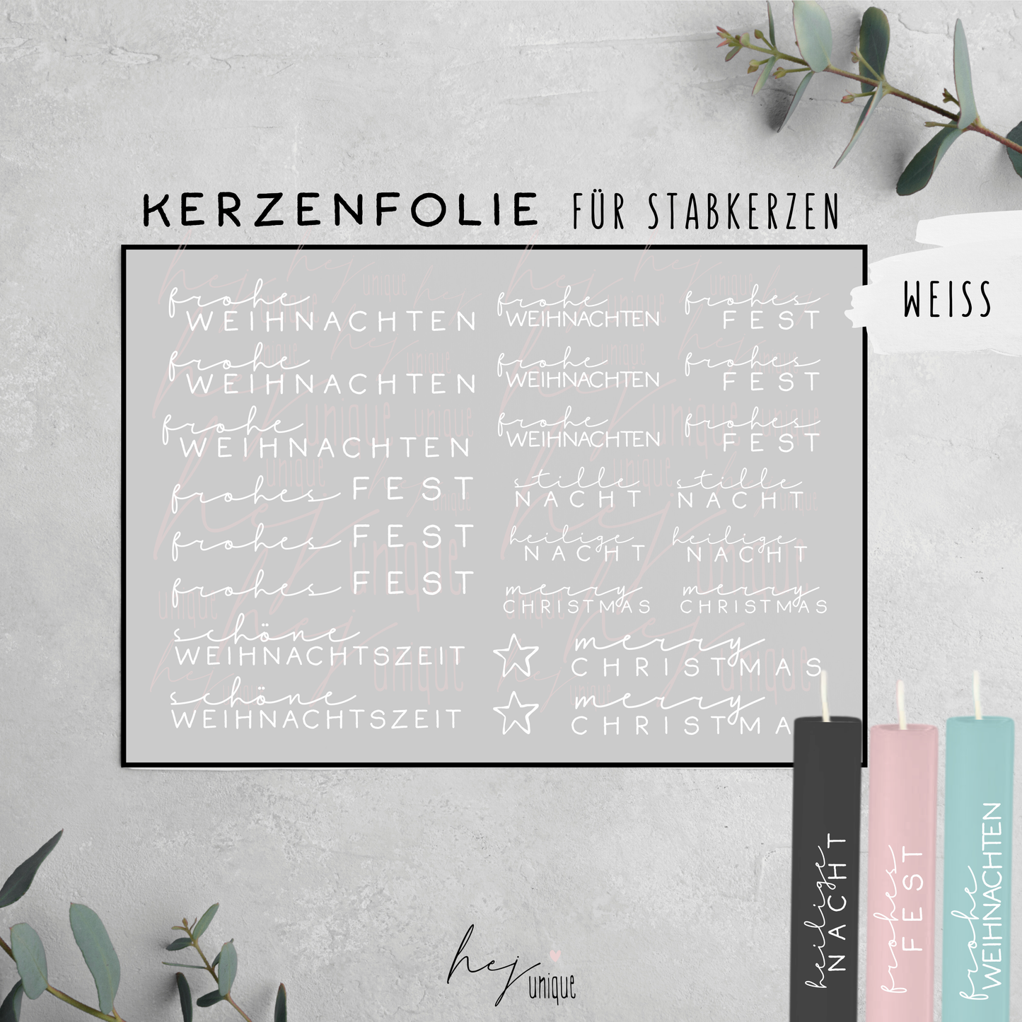 Kerzenfolie Xmas Schriftzüge Frohes für Stabkerzen in weißen und pastellfarbenen Designs