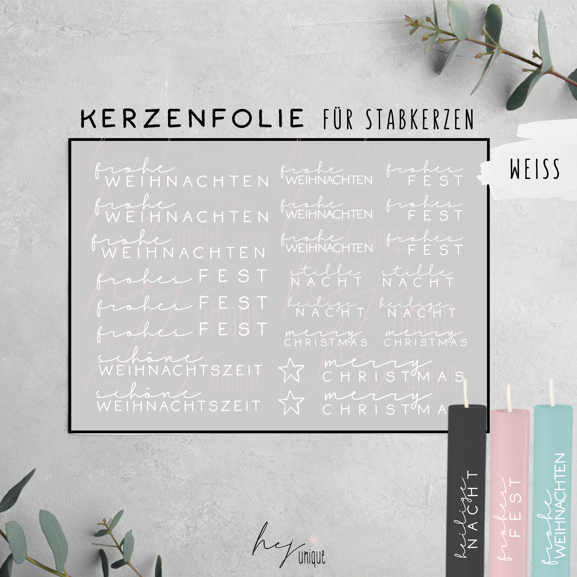 Kerzenfolie Xmas Schriftzüge Frohes für Stabkerzen in weißen und pastellfarbenen Designs