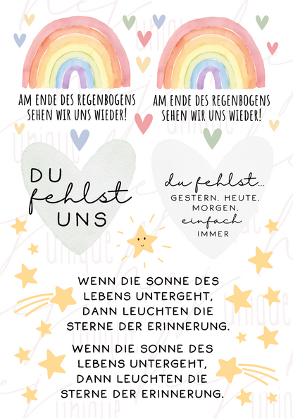 Rub On Aufkleber Trauer Regenbogen A5 Warum du unsere Rub-Ons lieben wirst:  ✔ Randloser Premium-Look   ✔ Besondere Haptik   ✔ Präzise Platzierung dank transparenter Trägerfolie  ✔ Wasser- und kratzfest // Hitze- und UV-beständig   ✔ Starke Haftung auf Glas, Keramik, Holz, Raysin u.v.m.  ✔ Langlebig und hochwertig verarbeitet  ✔ Auch gewerblich nutzbar – keine zusätzliche Lizenz nötig