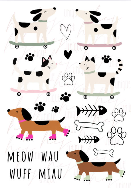 Rub On Aufkleber Skater Katze Hund A5 DIY