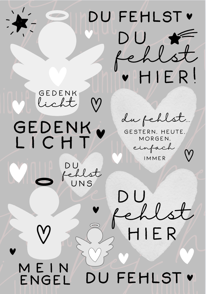 Rub On Aufkleber Du fehlst Trauer Gedenklicht A5 Warum du unsere Rub-Ons lieben wirst:  ✔ Randloser Premium-Look   ✔ Besondere Haptik   ✔ Präzise Platzierung dank transparenter Trägerfolie  ✔ Wasser- und kratzfest // Hitze- und UV-beständig   ✔ Starke Haftung auf Glas, Keramik, Holz, Raysin u.v.m.  ✔ Langlebig und hochwertig verarbeitet  ✔ Auch gewerblich nutzbar – keine zusätzliche Lizenz nötig