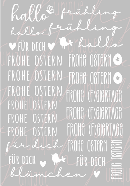 Rub On Aufkleber Schriftzüge Ostern 1.0 A5 Warum du unsere Rub-Ons lieben wirst:  ✔ Randloser Premium-Look   ✔ Besondere Haptik   ✔ Präzise Platzierung dank transparenter Trägerfolie  ✔ Wasser- und kratzfest // Hitze- und UV-beständig   ✔ Starke Haftung auf Glas, Keramik, Holz, Raysin u.v.m.  ✔ Langlebig und hochwertig verarbeitet  ✔ Auch gewerblich nutzbar – keine zusätzliche Lizenz nötig