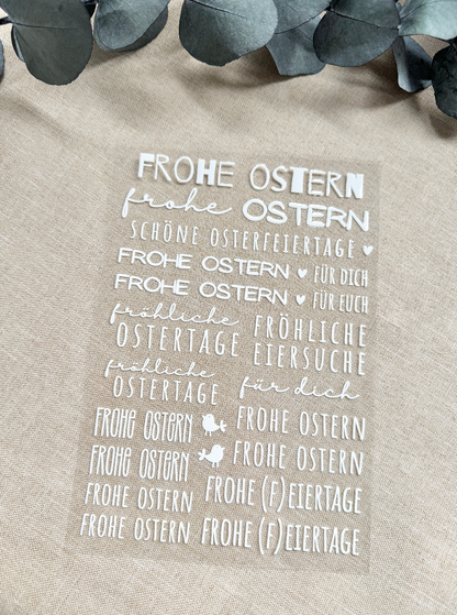 Rub On Aufkleber Schriftzüge Frohe Ostern 2.0 A5 Warum du unsere Rub-Ons lieben wirst:  ✔ Randloser Premium-Look   ✔ Besondere Haptik   ✔ Präzise Platzierung dank transparenter Trägerfolie  ✔ Wasser- und kratzfest // Hitze- und UV-beständig   ✔ Starke Haftung auf Glas, Keramik, Holz, Raysin u.v.m.  ✔ Langlebig und hochwertig verarbeitet  ✔ Auch gewerblich nutzbar – keine zusätzliche Lizenz nötig