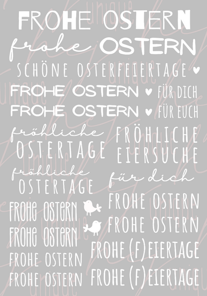 Rub On Aufkleber Schriftzüge Frohe Ostern 2.0 A5 Warum du unsere Rub-Ons lieben wirst:  ✔ Randloser Premium-Look   ✔ Besondere Haptik   ✔ Präzise Platzierung dank transparenter Trägerfolie  ✔ Wasser- und kratzfest // Hitze- und UV-beständig   ✔ Starke Haftung auf Glas, Keramik, Holz, Raysin u.v.m.  ✔ Langlebig und hochwertig verarbeitet  ✔ Auch gewerblich nutzbar – keine zusätzliche Lizenz nötig