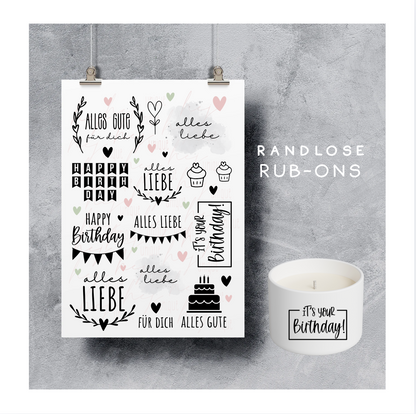 Rub On Aufkleber Geburtstag Happy birthday Alles Gute A5 Warum du unsere Rub-Ons lieben wirst:  ✔ Randloser Premium-Look   ✔ Besondere Haptik   ✔ Präzise Platzierung dank transparenter Trägerfolie  ✔ Wasser- und kratzfest // Hitze- und UV-beständig   ✔ Starke Haftung auf Glas, Keramik, Holz, Raysin u.v.m.  ✔ Langlebig und hochwertig verarbeitet  ✔ Auch gewerblich nutzbar – keine zusätzliche Lizenz nötig