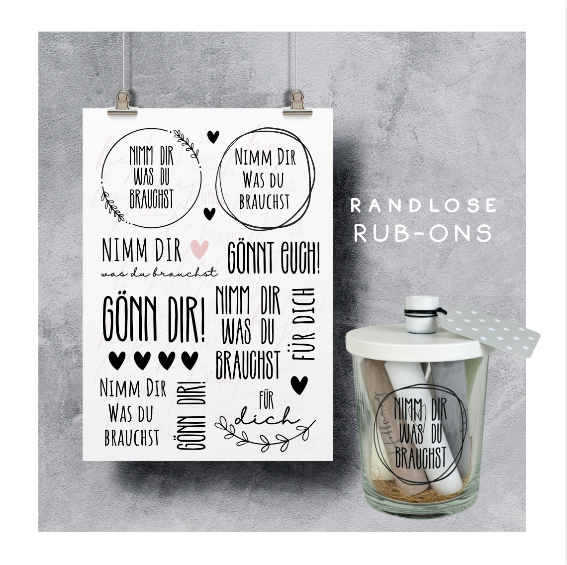 Rub On Aufkleber Gönn dir A5 DIY  Warum du unsere Rub-Ons lieben wirst:  ✔ Randloser Premium-Look   ✔ Besondere Haptik   ✔ Präzise Platzierung dank transparenter Trägerfolie  ✔ Wasser- und kratzfest // Hitze- und UV-beständig   ✔ Starke Haftung auf Glas, Keramik, Holz, Raysin u.v.m.  ✔ Langlebig und hochwertig verarbeitet  ✔ Auch gewerblich nutzbar – keine zusätzliche Lizenz nötig