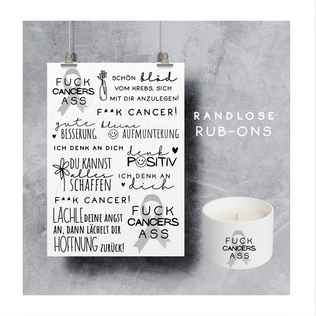 Rub On Aufkleber Fuck Cancer A5 Warum du unsere Rub-Ons lieben wirst:  ✔ Randloser Premium-Look   ✔ Besondere Haptik   ✔ Präzise Platzierung dank transparenter Trägerfolie  ✔ Wasser- und kratzfest // Hitze- und UV-beständig   ✔ Starke Haftung auf Glas, Keramik, Holz, Raysin u.v.m.  ✔ Langlebig und hochwertig verarbeitet  ✔ Auch gewerblich nutzbar – keine zusätzliche Lizenz nötig
