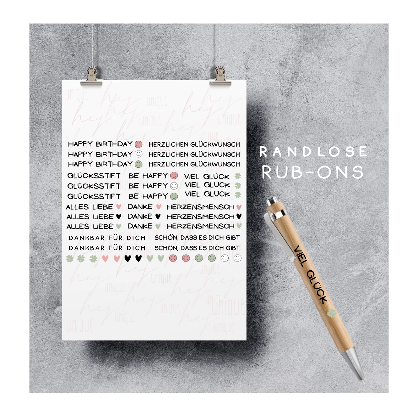 Rub On Aufkleber Wünsche Mini zb für Kugelschreiber A5 A6 Warum du unsere Rub-Ons lieben wirst:  ✔ Randloser Premium-Look   ✔ Besondere Haptik   ✔ Präzise Platzierung dank transparenter Trägerfolie  ✔ Wasser- und kratzfest // Hitze- und UV-beständig   ✔ Starke Haftung auf Glas, Keramik, Holz, Raysin u.v.m.  ✔ Langlebig und hochwertig verarbeitet  ✔ Auch gewerblich nutzbar – keine zusätzliche Lizenz nötig