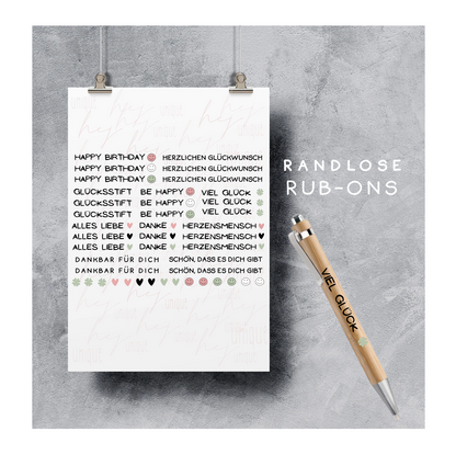 Rub On Aufkleber Wünsche Mini zb für Kugelschreiber A5 A6 Warum du unsere Rub-Ons lieben wirst:  ✔ Randloser Premium-Look   ✔ Besondere Haptik   ✔ Präzise Platzierung dank transparenter Trägerfolie  ✔ Wasser- und kratzfest // Hitze- und UV-beständig   ✔ Starke Haftung auf Glas, Keramik, Holz, Raysin u.v.m.  ✔ Langlebig und hochwertig verarbeitet  ✔ Auch gewerblich nutzbar – keine zusätzliche Lizenz nötig