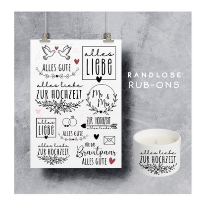 Rub On Aufkleber Hochzeit 2 A5 Warum du unsere Rub-Ons lieben wirst:  ✔ Randloser Premium-Look   ✔ Besondere Haptik   ✔ Präzise Platzierung dank transparenter Trägerfolie  ✔ Wasser- und kratzfest // Hitze- und UV-beständig   ✔ Starke Haftung auf Glas, Keramik, Holz, Raysin u.v.m.  ✔ Langlebig und hochwertig verarbeitet  ✔ Auch gewerblich nutzbar – keine zusätzliche Lizenz nötig