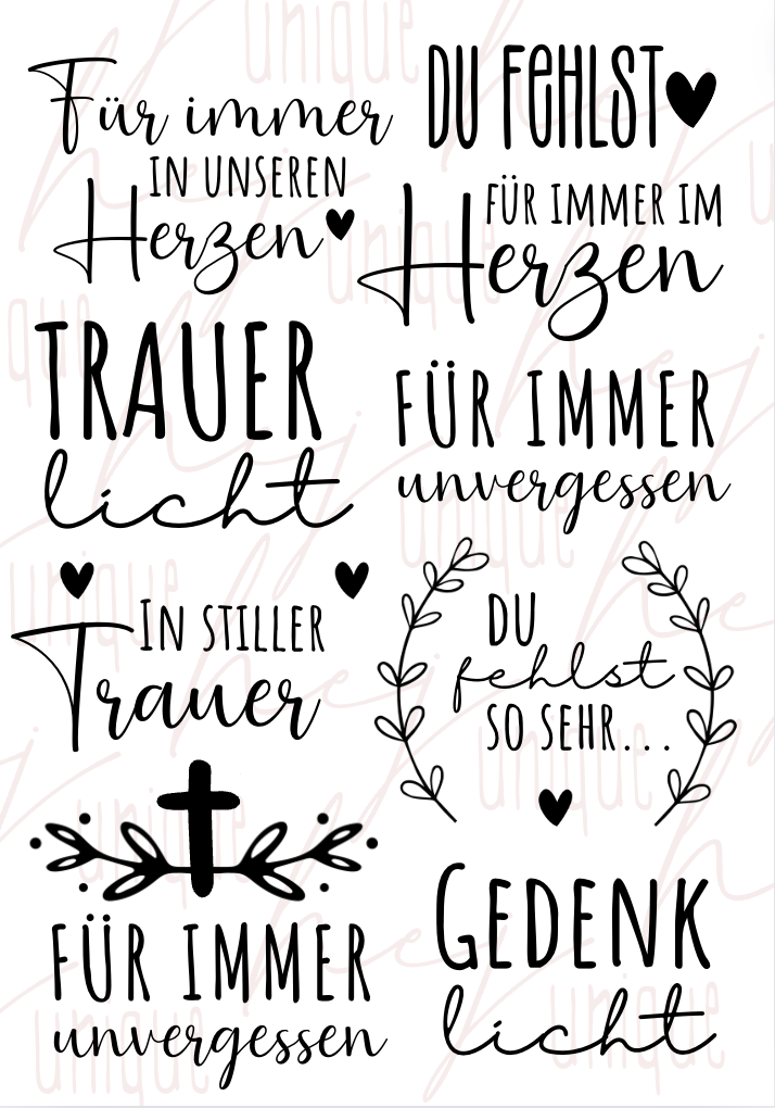 Rub On Aufkleber Trauer A5 Warum du unsere Rub-Ons lieben wirst:  ✔ Randloser Premium-Look   ✔ Besondere Haptik   ✔ Präzise Platzierung dank transparenter Trägerfolie  ✔ Wasser- und kratzfest // Hitze- und UV-beständig   ✔ Starke Haftung auf Glas, Keramik, Holz, Raysin u.v.m.  ✔ Langlebig und hochwertig verarbeitet  ✔ Auch gewerblich nutzbar – keine zusätzliche Lizenz nötig