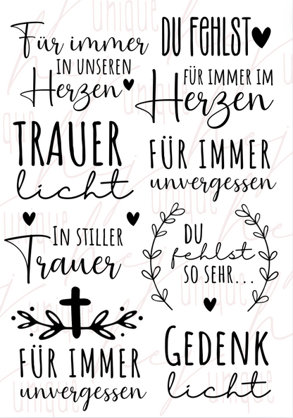 Rub On Aufkleber Trauer A5 Warum du unsere Rub-Ons lieben wirst:  ✔ Randloser Premium-Look   ✔ Besondere Haptik   ✔ Präzise Platzierung dank transparenter Trägerfolie  ✔ Wasser- und kratzfest // Hitze- und UV-beständig   ✔ Starke Haftung auf Glas, Keramik, Holz, Raysin u.v.m.  ✔ Langlebig und hochwertig verarbeitet  ✔ Auch gewerblich nutzbar – keine zusätzliche Lizenz nötig