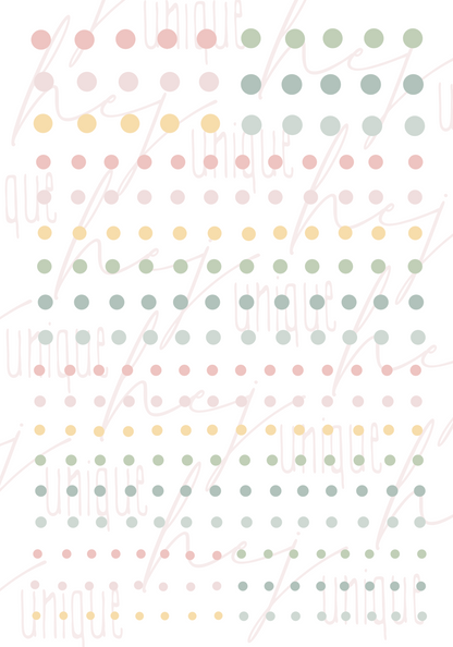 Rub On Aufkleber Punkte Konfetti A5 Warum du unsere Rub-Ons lieben wirst:  ✔ Randloser Premium-Look   ✔ Besondere Haptik   ✔ Präzise Platzierung dank transparenter Trägerfolie  ✔ Wasser- und kratzfest // Hitze- und UV-beständig   ✔ Starke Haftung auf Glas, Keramik, Holz, Raysin u.v.m.  ✔ Langlebig und hochwertig verarbeitet  ✔ Auch gewerblich nutzbar – keine zusätzliche Lizenz nötig