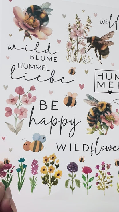 Rub On Aufkleber Wildblumen und Hummelliebe A5